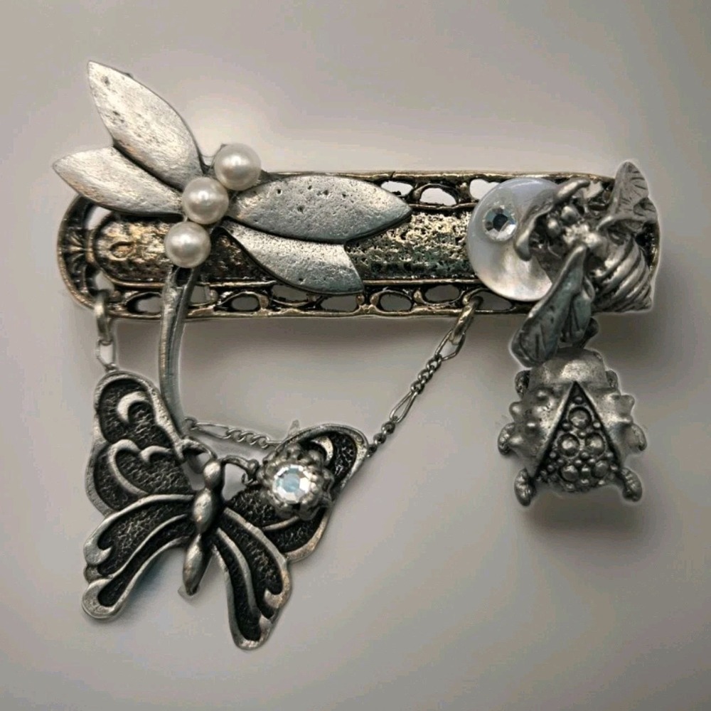 Vintage Silver Tone Butterfly Dragonfly Charm Bar Brooch Pearls Crystals Ladybug